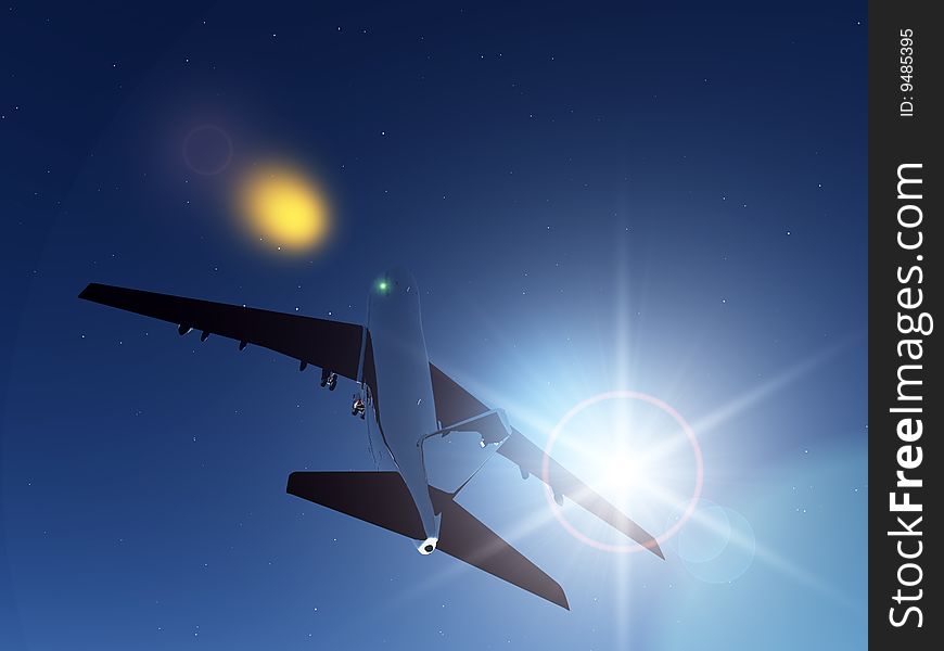 Passenger Plane flying high in the night sky. Passenger Plane flying high in the night sky.