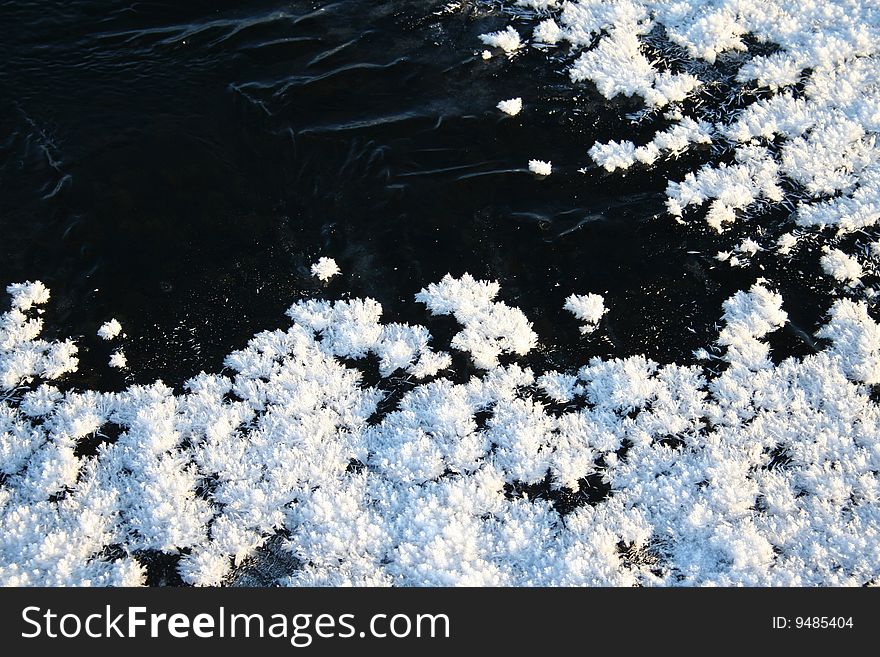 Hoarfrost and ice on the river in the winter