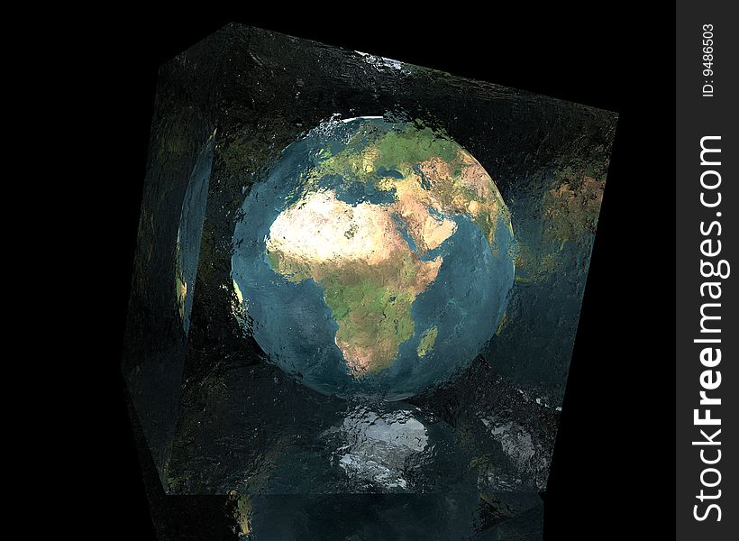 Earth in cracked glass cube