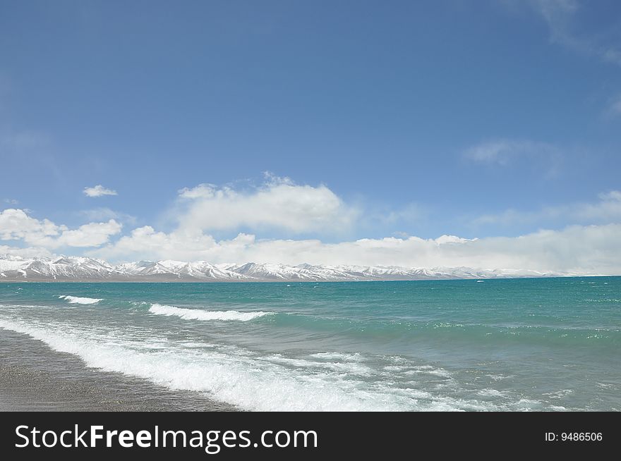 The Blue Nam Lake And Sky Sonw Mountain In Tibet