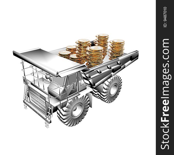 Truck with golden coins isolated on a white