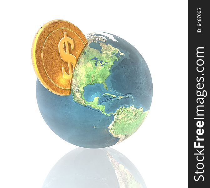 Coins with 3D globe isolated on a white background