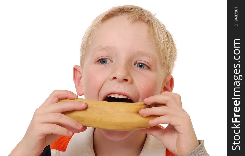 Little beautiful boy eat banana. isolated on white. Little beautiful boy eat banana. isolated on white.