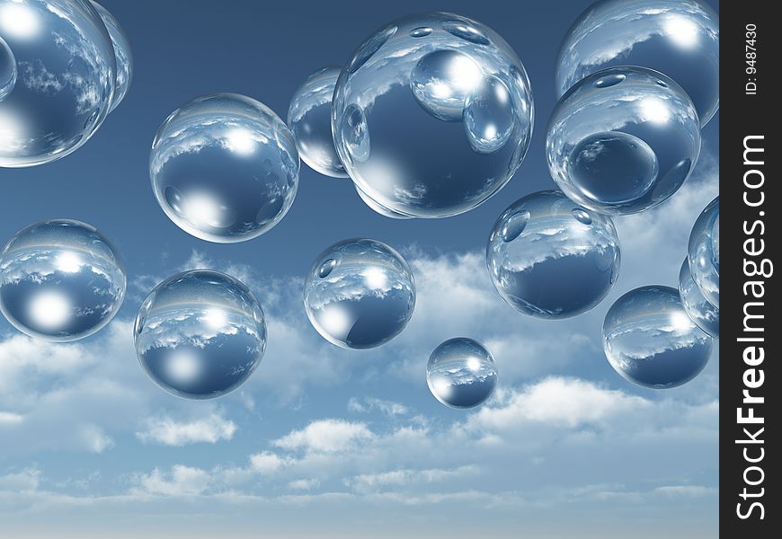 Rising water balls  on sky background - digital artwork.