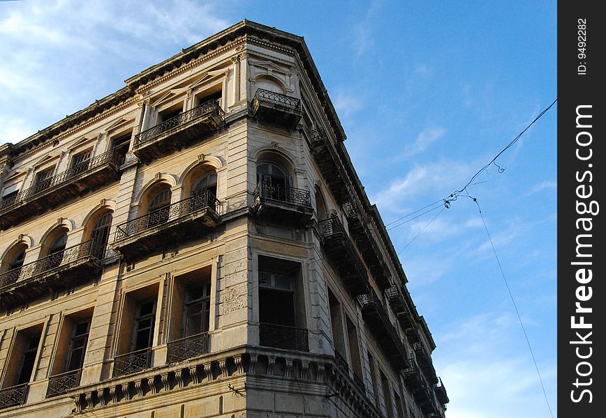 Facade - Former hotel and then building of the School of Humanities and Sciences of the UDELAR, (Universidad de la Republica, Montevideo, Uruguay), now closed because of structural damage. It is on Juan Lindolfo Cuestas Street in the Old City, Montevideo, capital of Uruguay. It was built by the Engineer Juan Monteverde and the Architect Juan Tosi in 1888. Facade - Former hotel and then building of the School of Humanities and Sciences of the UDELAR, (Universidad de la Republica, Montevideo, Uruguay), now closed because of structural damage. It is on Juan Lindolfo Cuestas Street in the Old City, Montevideo, capital of Uruguay. It was built by the Engineer Juan Monteverde and the Architect Juan Tosi in 1888.