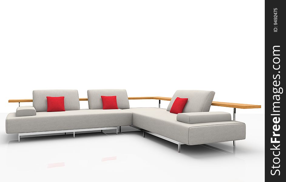 Sofa by upholstered white fabrics with red pillow. Sofa by upholstered white fabrics with red pillow