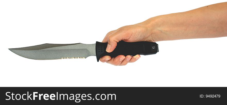 A woman's hand holds a combat knife on white background. A woman's hand holds a combat knife on white background.