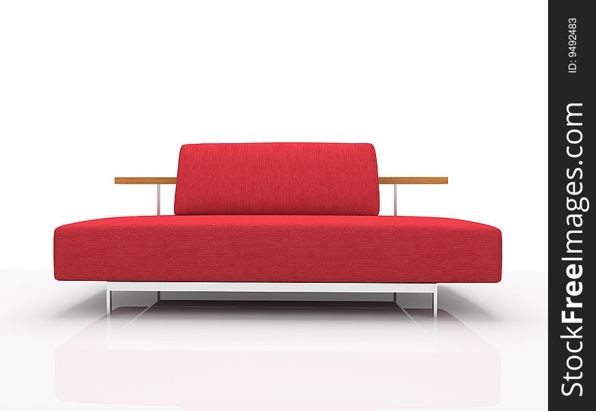Sofa dwelted by red fabrics with wooden shelf. Sofa dwelted by red fabrics with wooden shelf