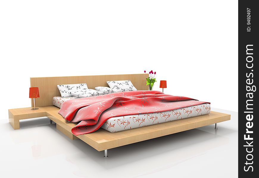 Wooden bed with red blanket. Wooden bed with red blanket