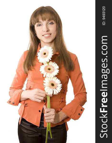 Beauty lady with flowers isolated on white