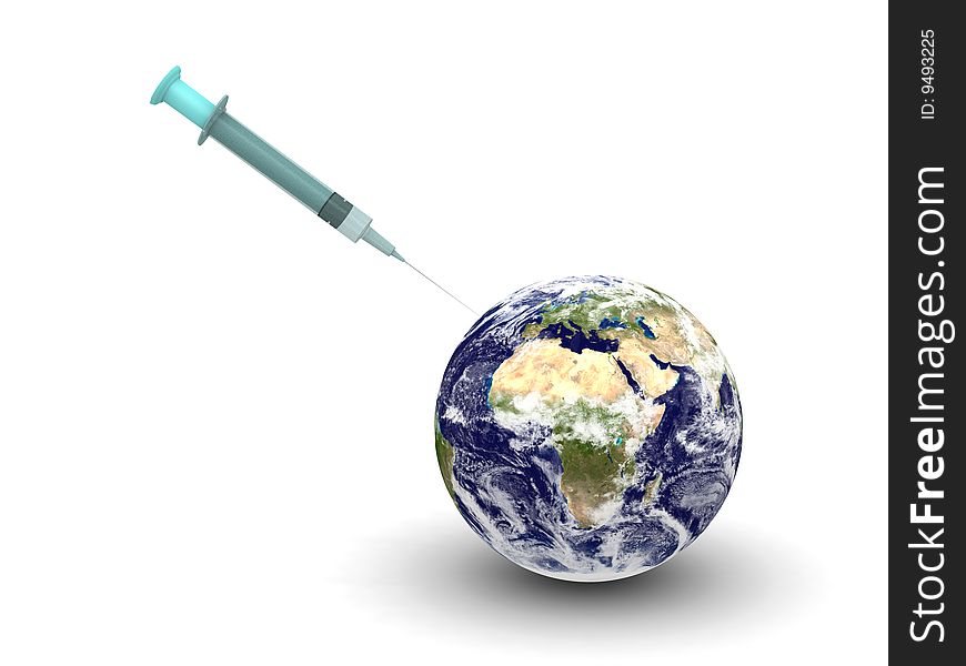 Digital render of earth with a syringe, europe and africa view. Digital render of earth with a syringe, europe and africa view