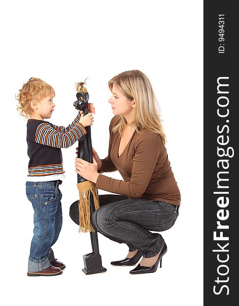 Boy and mother with wooden toy on white background