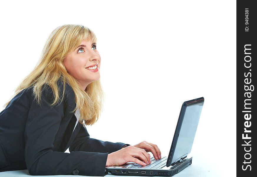 Young woman with laptop. Isolated on white background