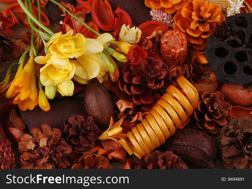 Still-life in red-orange tones with freesias