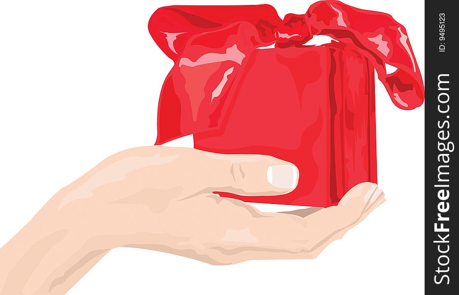 A hand holding a christmas present in red.