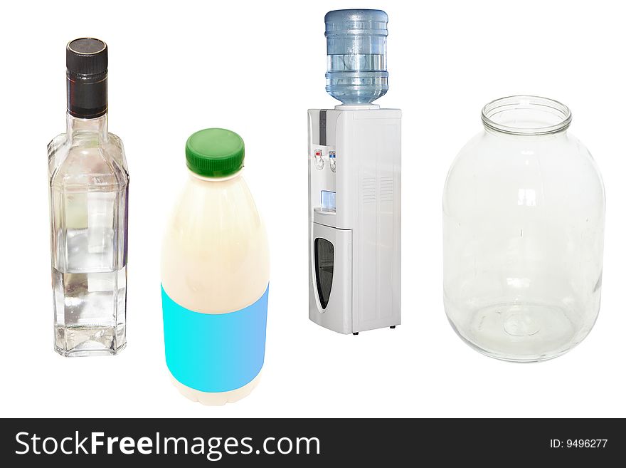 Bottles, glass jar and cooler under the white background