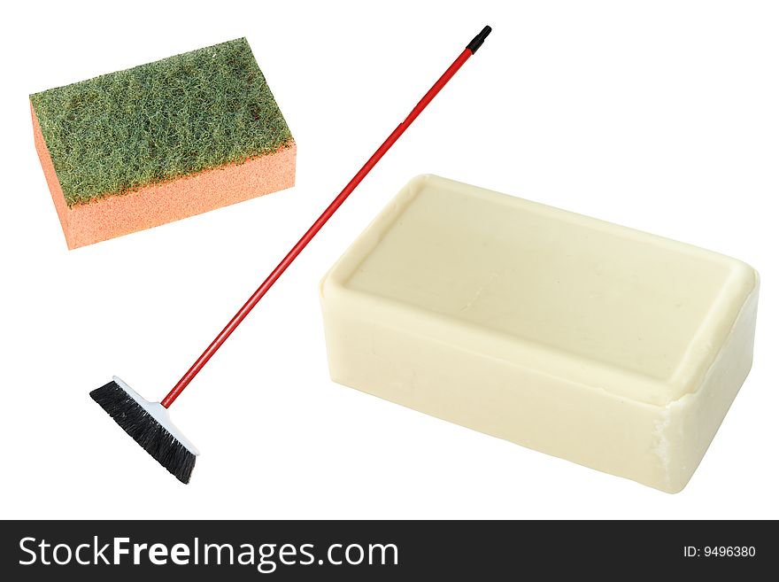 Soap, mop and brush under the white background