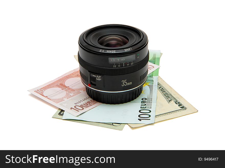 Objective Lens On Money Stack Isolated