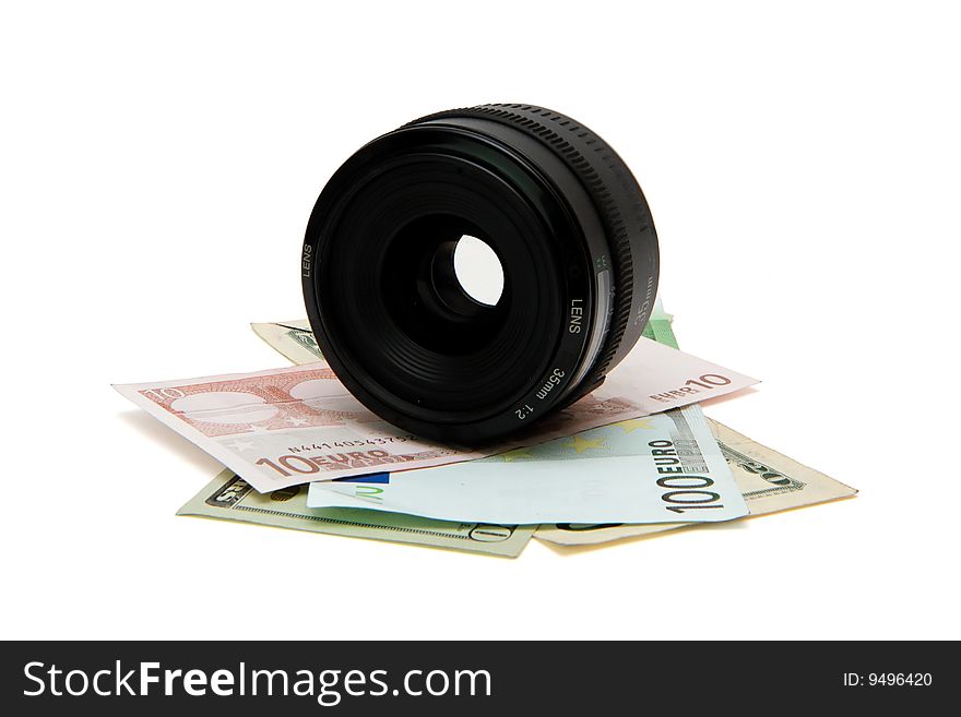 Objective Lens On Money Stack Isolated