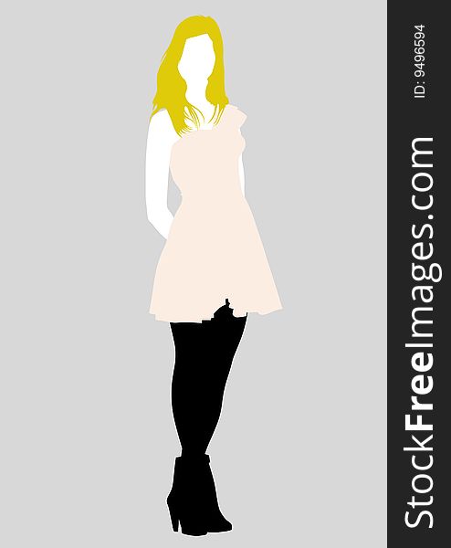 Vector drawing girl in pink dress, silhouette against a white background. Saved in eps format for illustrator 8.