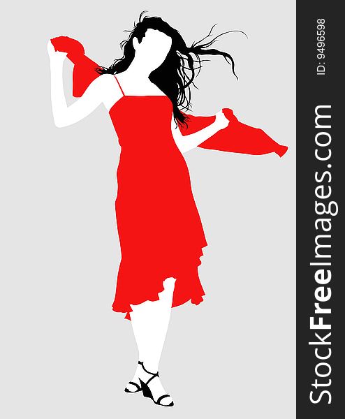 Vector drawing girl in red dress, silhouette against a white background. Saved in eps format for illustrator 8.