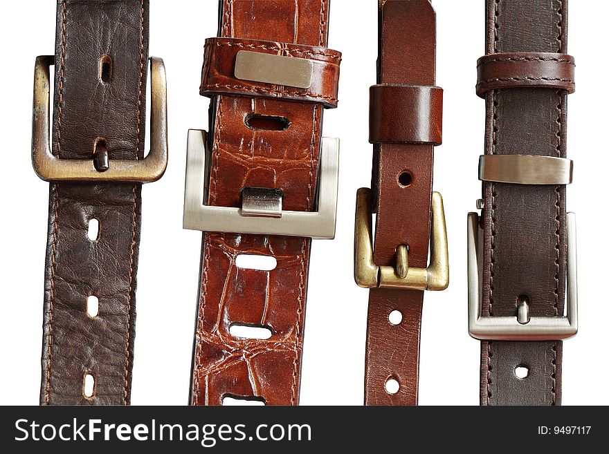 Four leather belts isolated on white background with clipping path