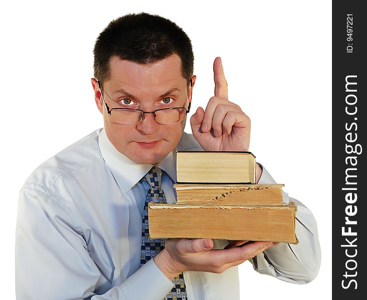 Man with a age-old books, isolated on a white background. Man with a age-old books, isolated on a white background