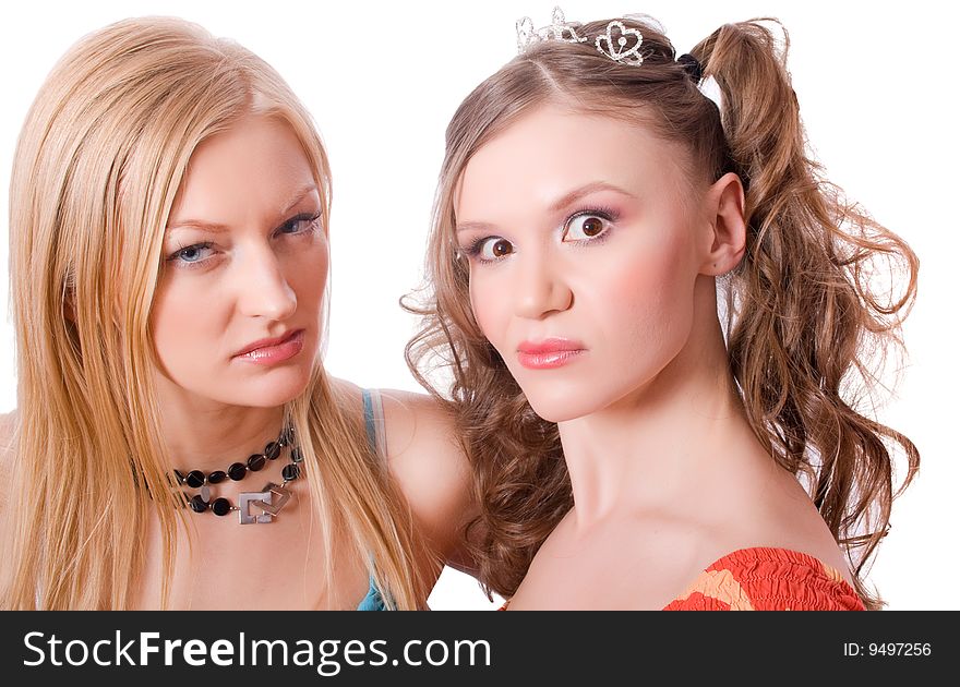 Hugging crazy girls isolated on white with clipping path