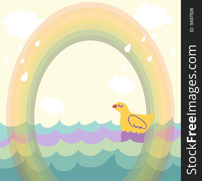 Duck under the rainbow - cartoon background