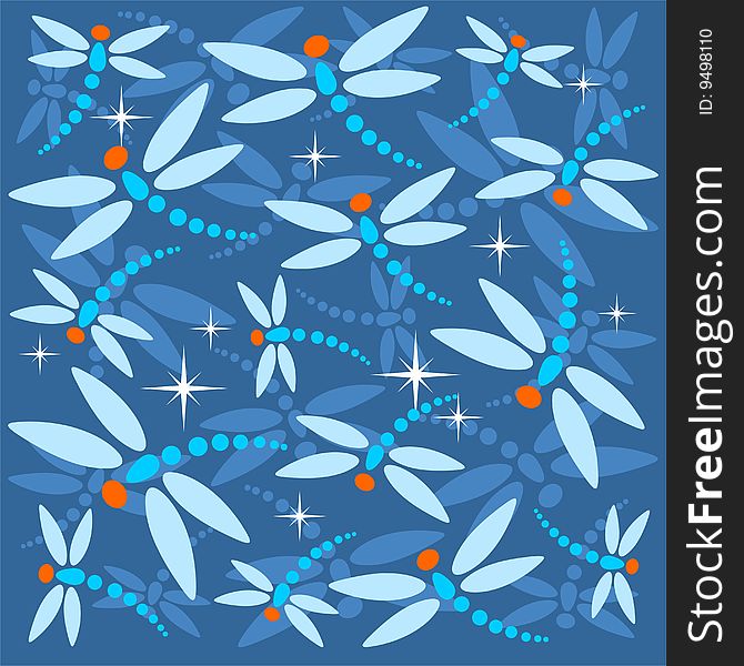 Stylized pattern with dragonfly silhouettes on a blue background. Stylized pattern with dragonfly silhouettes on a blue background.