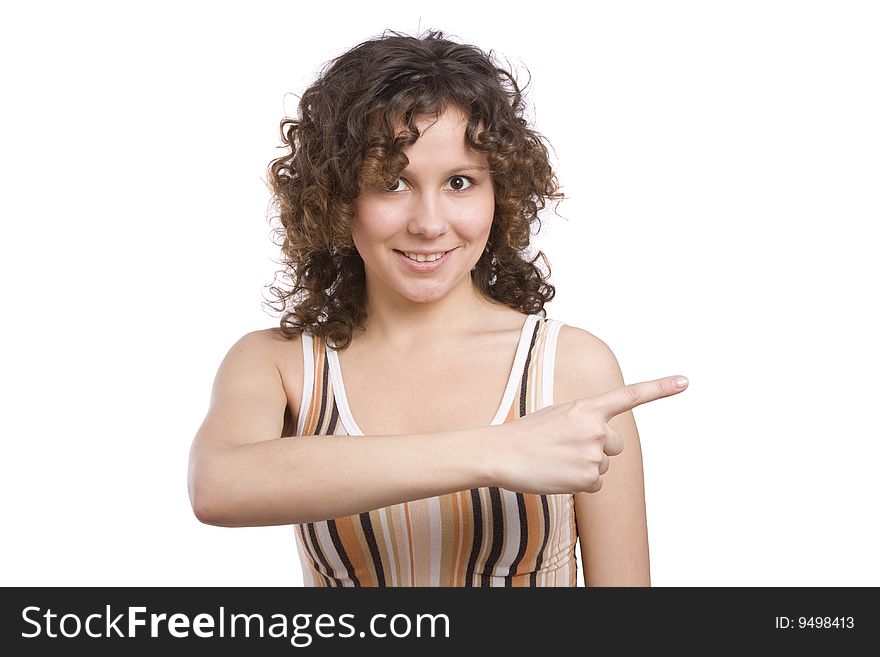 Woman is pointing to the right and smiling Beautiful girl is showing a direction with her hands. Isolated on a white background. Woman is pointing to the right and smiling Beautiful girl is showing a direction with her hands. Isolated on a white background.