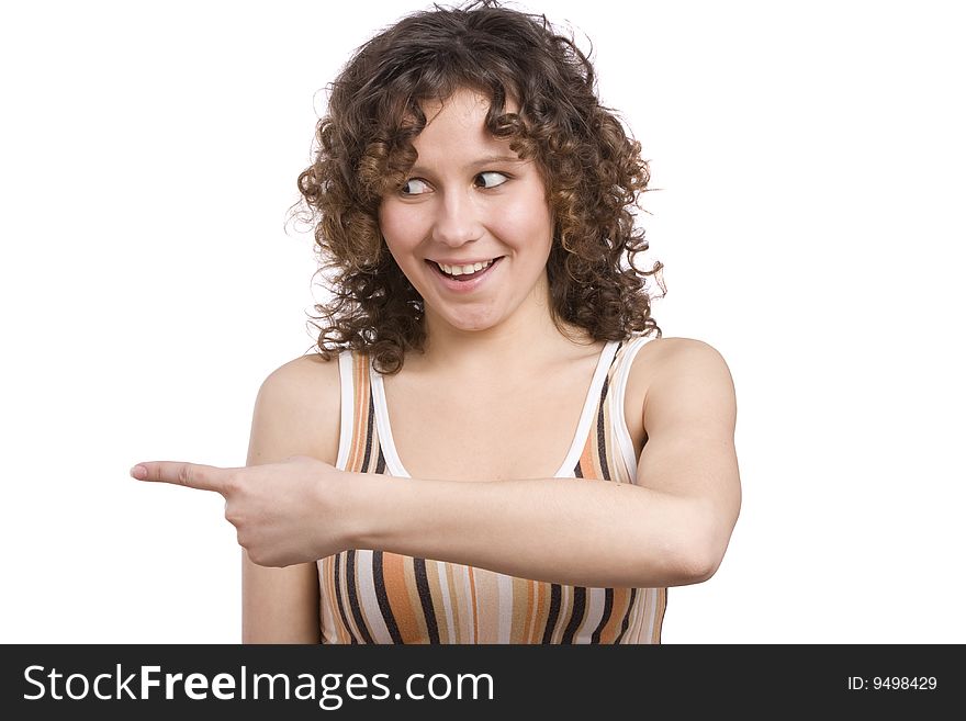 Woman is pointing to the left and smiling Beautiful girl is showing a direction with her hands. Isolated on a white background. Woman is pointing to the left and smiling Beautiful girl is showing a direction with her hands. Isolated on a white background.