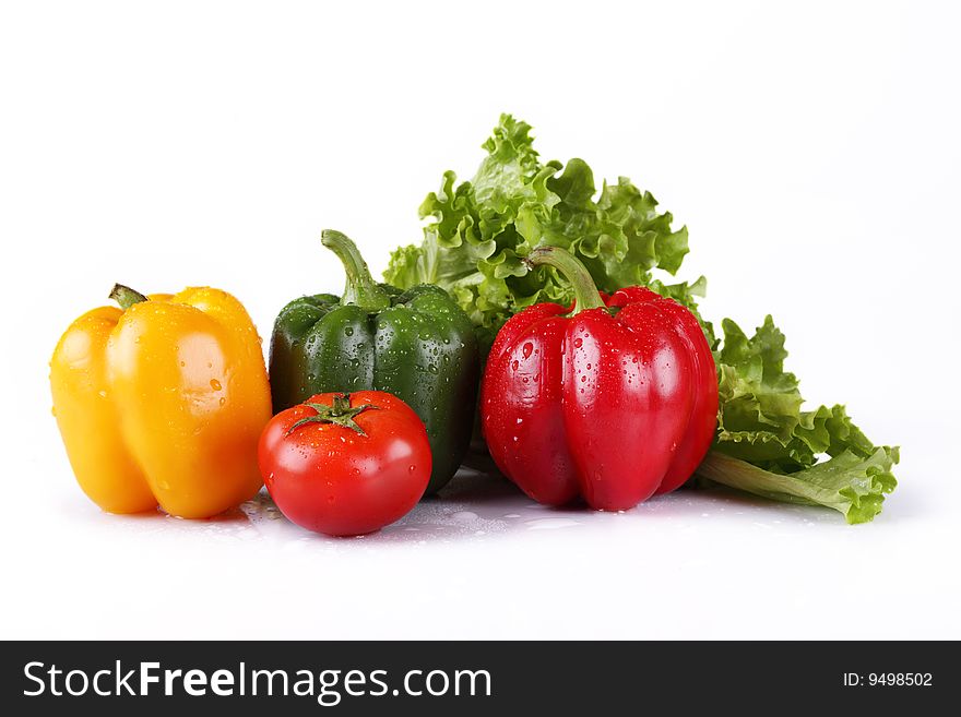 Colour pepper and tomato with water droplets. Colour pepper and tomato with water droplets