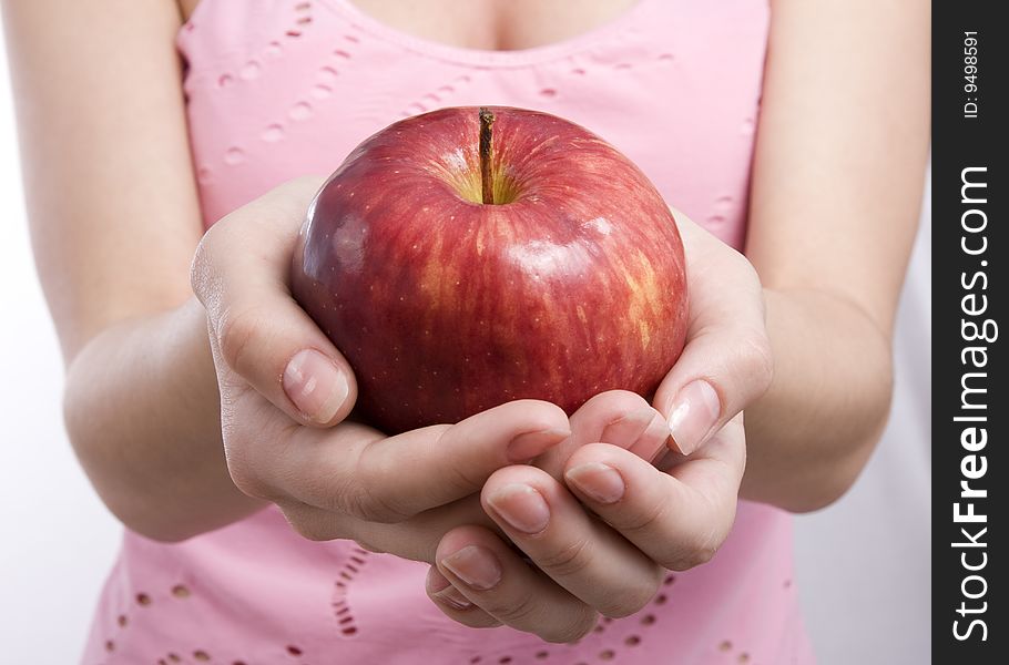 Woman holding apple in hand. Girl with apples. Isolated over white. Woman holding apple in hand. Girl with apples. Isolated over white.