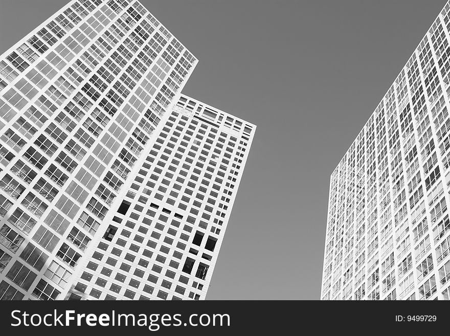 Modern buildings intended for small office/home office, beijing, china; in black and white.