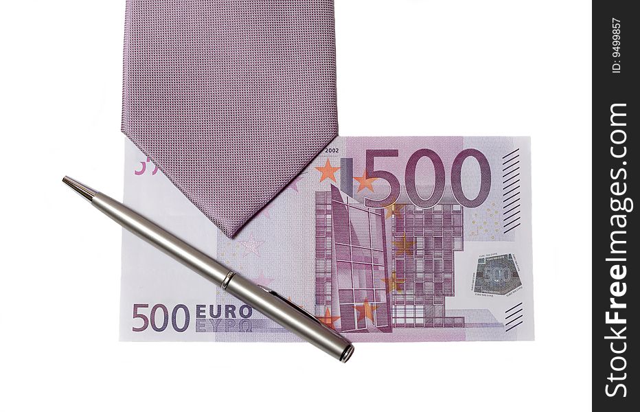 Violet tie and money on white background (with pen)