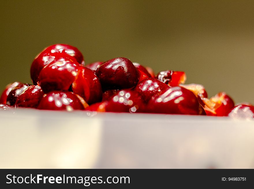 Closeup of ripe, red cherries.