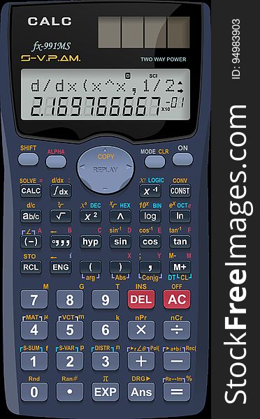 Solar powered electronic calculator in black with a gray keyboard providing normal addition, multiplication and division plus many other more sophisticated options (functions).