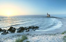 Beach And Lighthouse In Sunset Colors Royalty Free Stock Photo Beach And Lighthouse In Sunset Colors Royalty Free Stock Photo