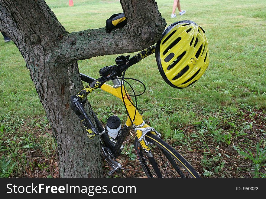 A bike rider leaves his equipment along a tree when he takes a break. A bike rider leaves his equipment along a tree when he takes a break