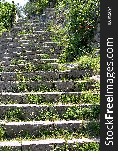 Weathered old stone steps sprouting grass. Weathered old stone steps sprouting grass