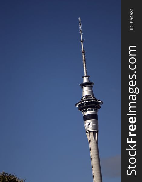 Auckland Sky Tower from below with blue sky, Auckland, New Zealand