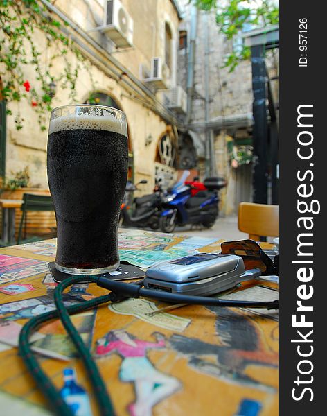 Beer on outdoor pub table. Beer on outdoor pub table