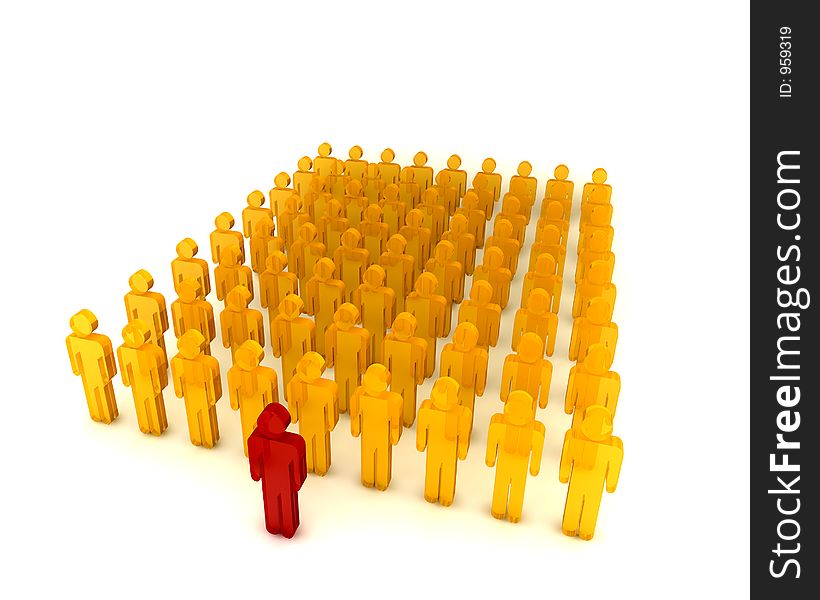 3d people standing in a row with a leader002. 3d people standing in a row with a leader002