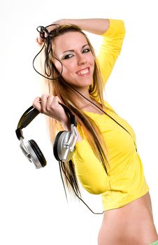 Attractive Young Woman With Headphones Over White Royalty Free Stock Images Attractive Young Woman With Headphones Over White Royalty Free Stock Images