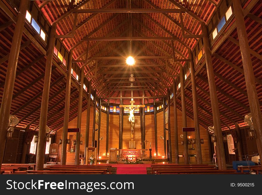 Inside of wood church in Yasothorn province, northeast of Thailand. Inside of wood church in Yasothorn province, northeast of Thailand