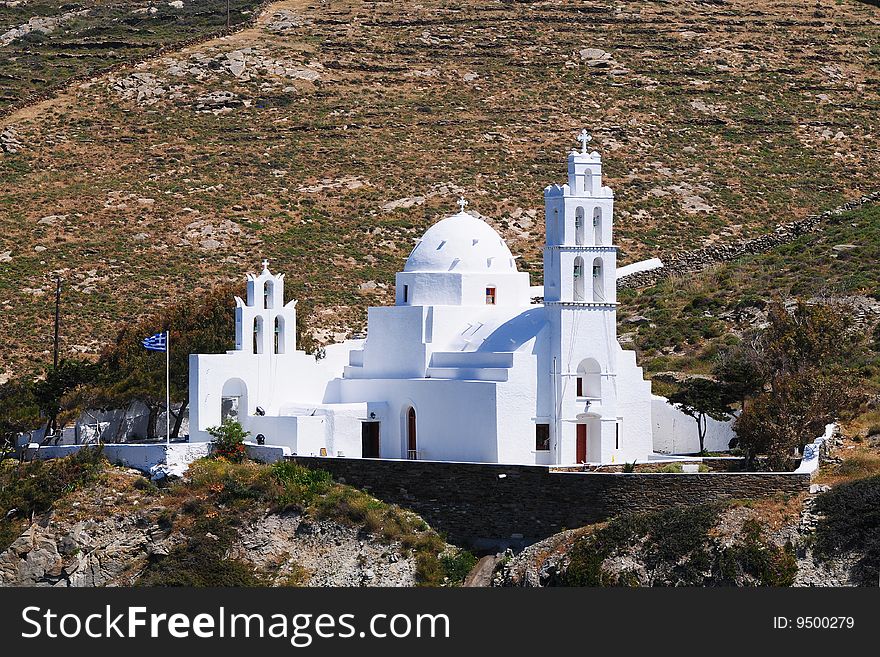 A white church on the hillside