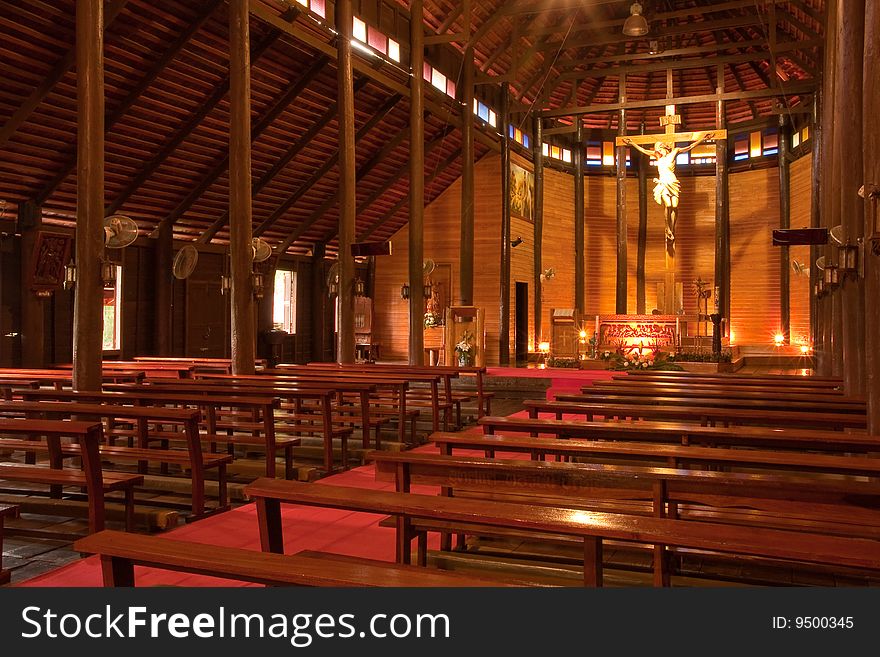 Inside of wood church in Yasothorn province, northeast of Thailand. Inside of wood church in Yasothorn province, northeast of Thailand