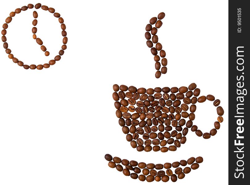 Coffee-beans Cup And Clock On White Background