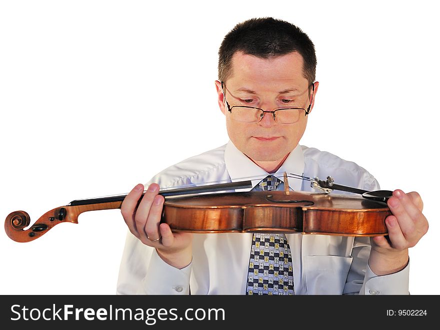 Man with a age-old violin, isolated on a white background. Man with a age-old violin, isolated on a white background